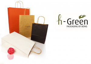 sacs papier recyclé certifiée FSC®, 4 couleurs rouge, blanc, noir et brun naturel, poignées en papier torsadé, formats standards S, M et L