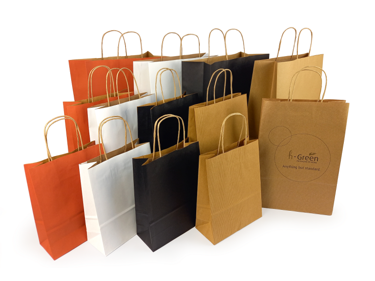 Gamme de sacs en papier recyclé FSC® 3 formats S, M, L et 4 coloris blanc; rouge, noir et brun vergé